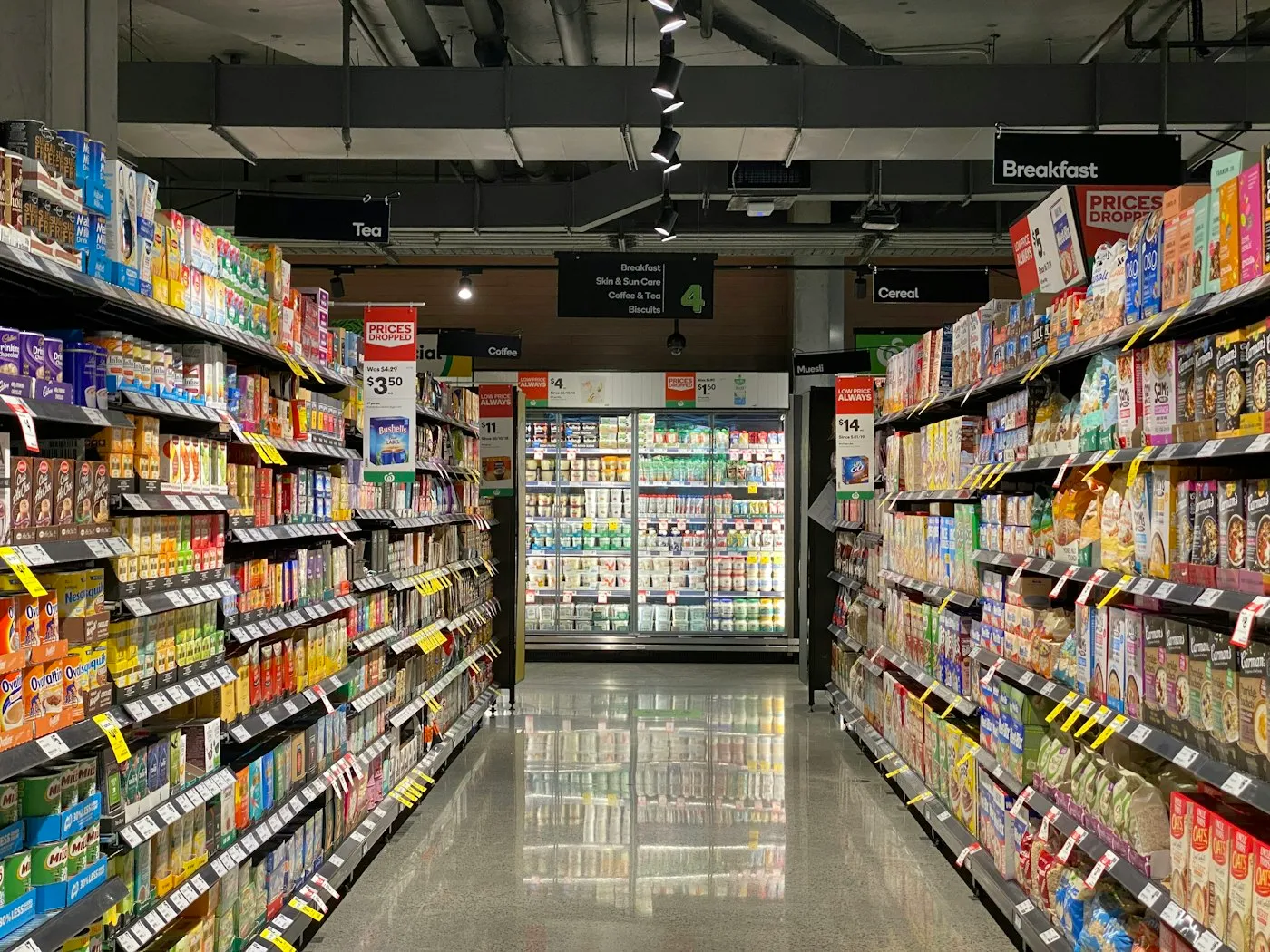 Specialty packaged foods arranged on North American retail shelves